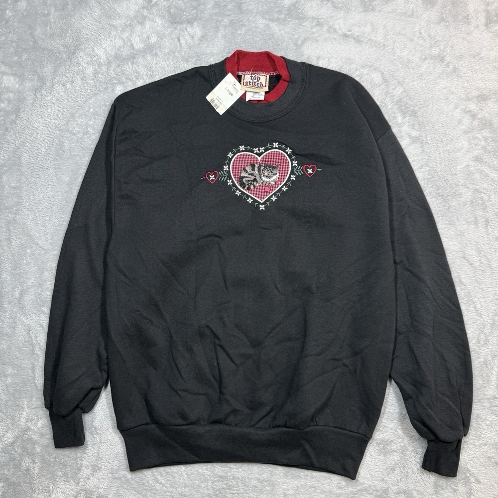 Vintage Top Stitch Morning Sun Sweatshirt Women L Black Embroidered Tabby Cat